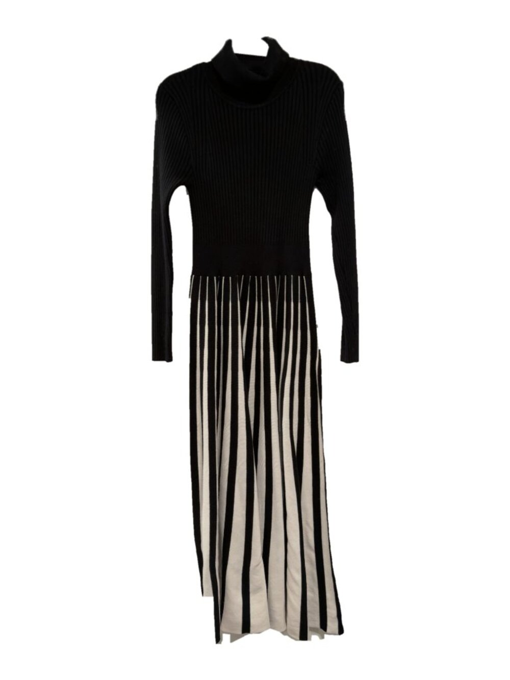 Chicwish Black & Cream Striped Pleated Turtleneck Sweater Maxi Dress Size XL